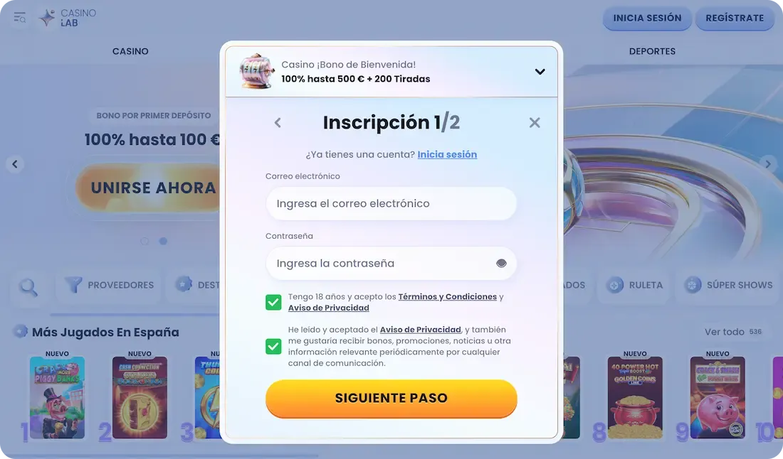 registro en el casino casinolab